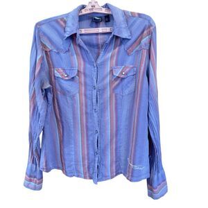 Cruel Girl Western Pearl Snap Shirt Top Women’s Large Long Sleeve Purple Stripe